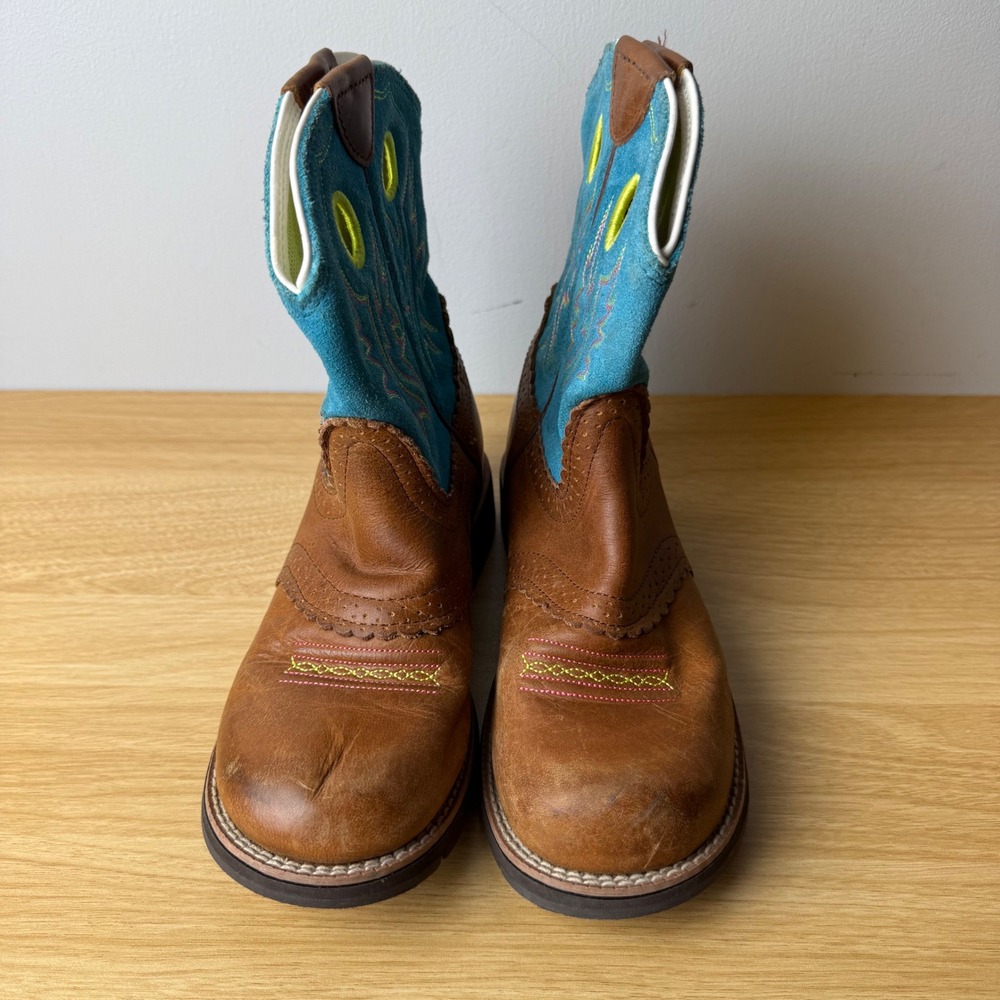 Ariat Fatbaby Western Boots Kids 4 Brown Turquoise Leather Cowgirl Rodeo Horses